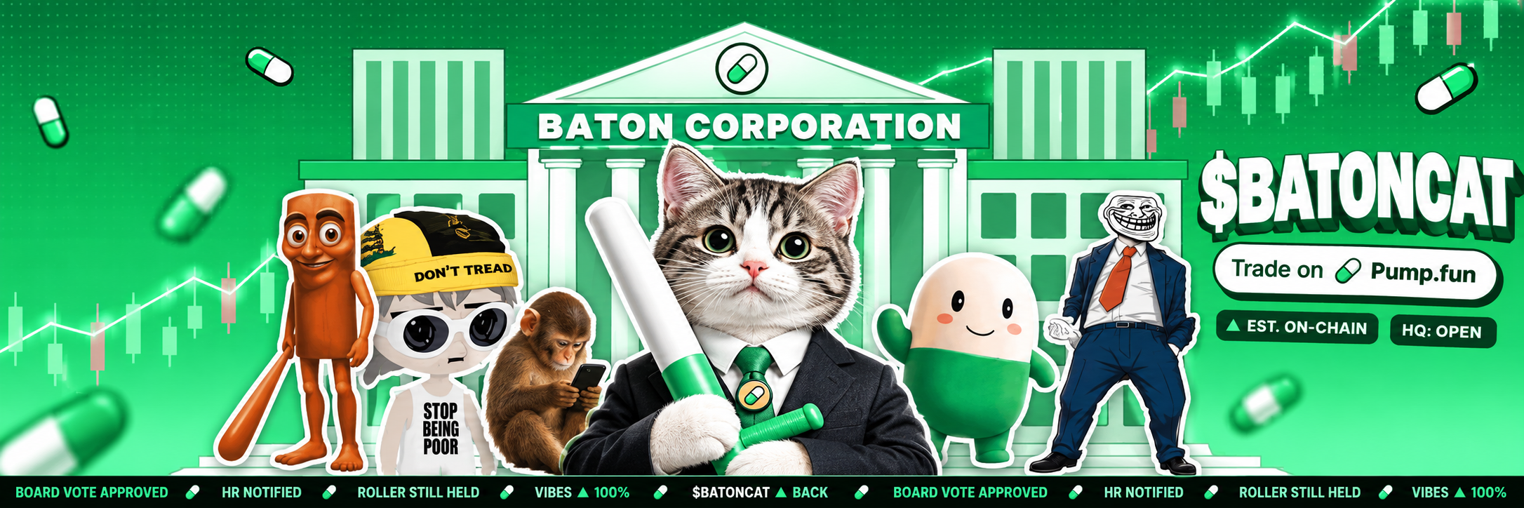 Wide green banner of Baton Corporation headquarters, with baton cat in a suit at the center, chart lines, floating capsules, and $BATONCAT branding