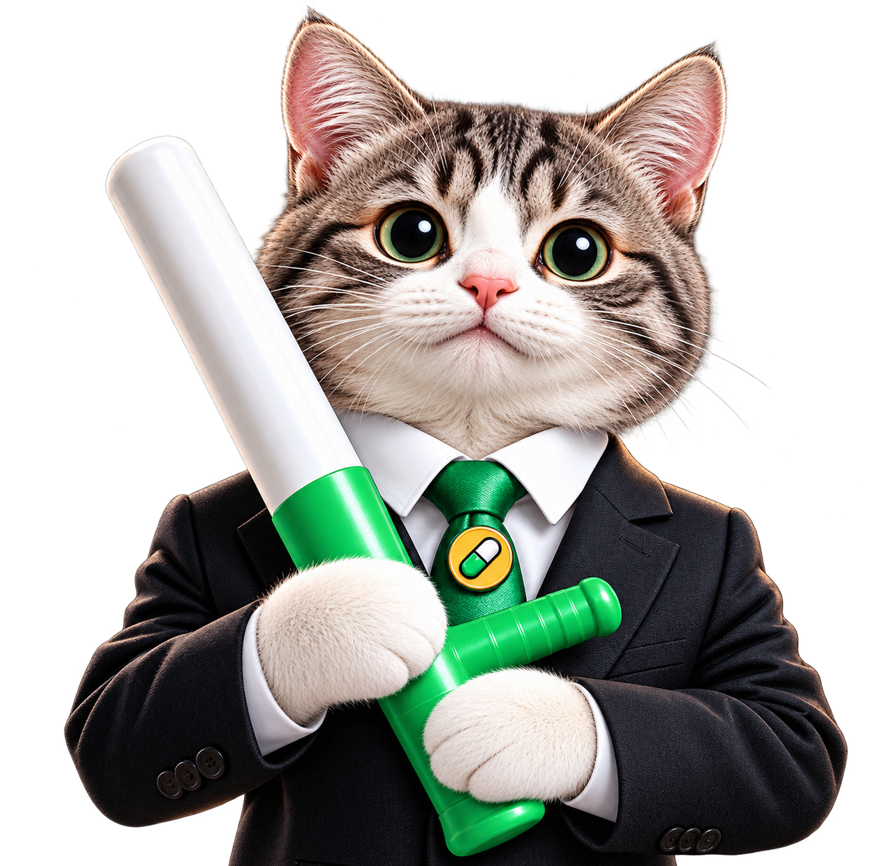 baton cat, a gray-and-white tabby in a charcoal suit and green tie, holding the green-and-white baton